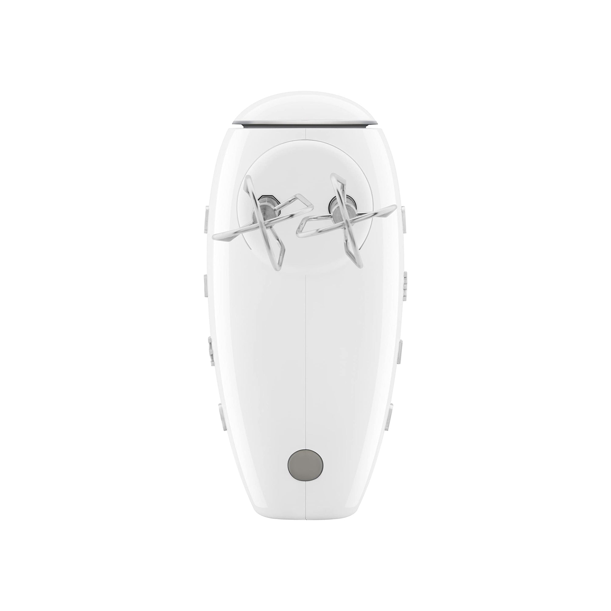Bottom view of white Smeg hand mixer displayed on a white background