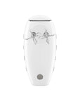 Bottom view of white Smeg hand mixer displayed on a white background