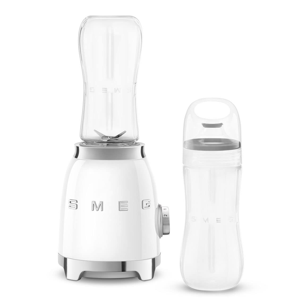 White Smeg 50s retro personal blender with attachments displayed on a white backghround