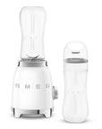 White Smeg 50s retro personal blender with attachments displayed on a white backghround
