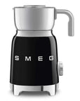 Front view of black Smeg milk frother with silver top on a white background