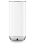 Back view of white SMEG milk frother with lid displayed on a white background