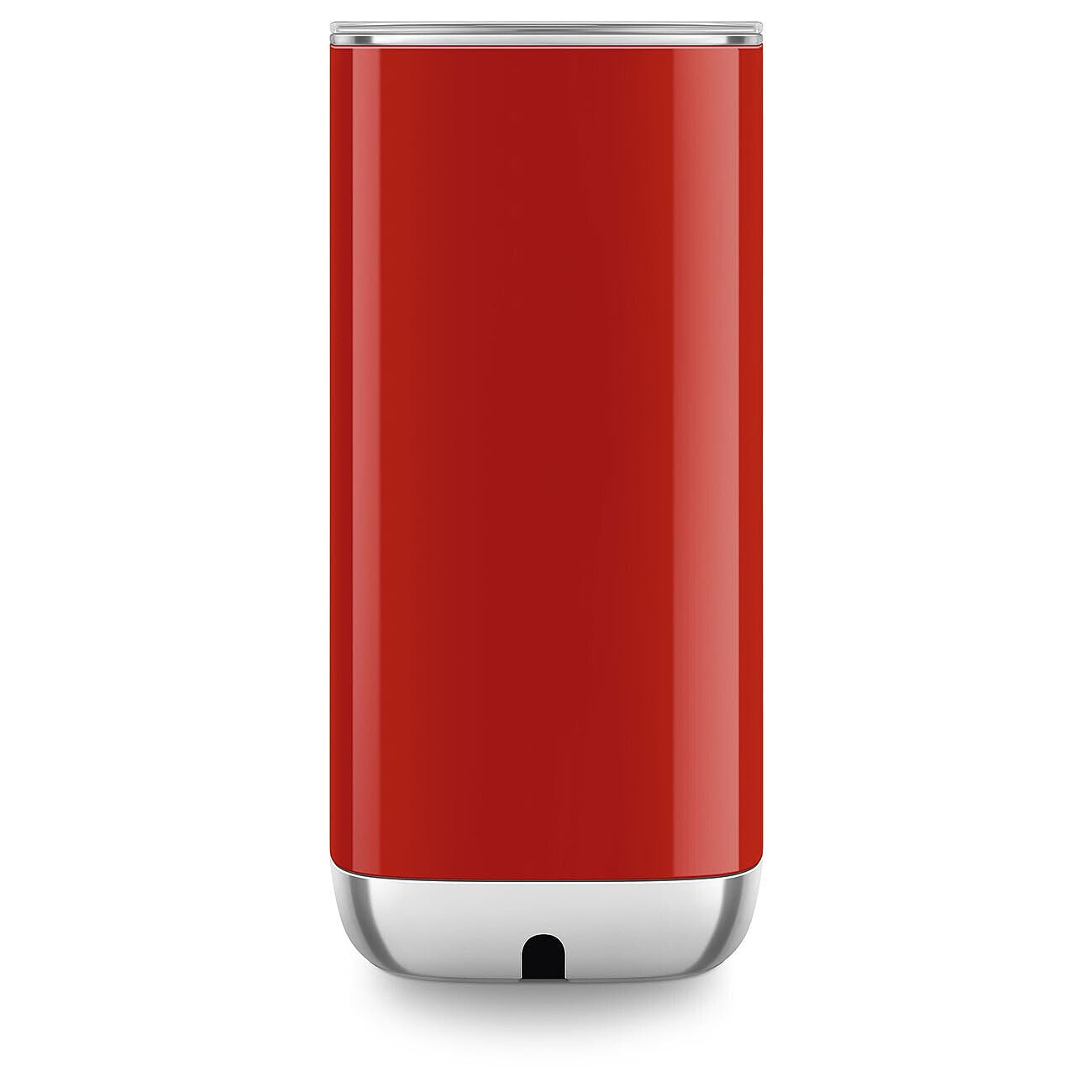 Back view of red SMEG milk frother with lid displayed on a white background
