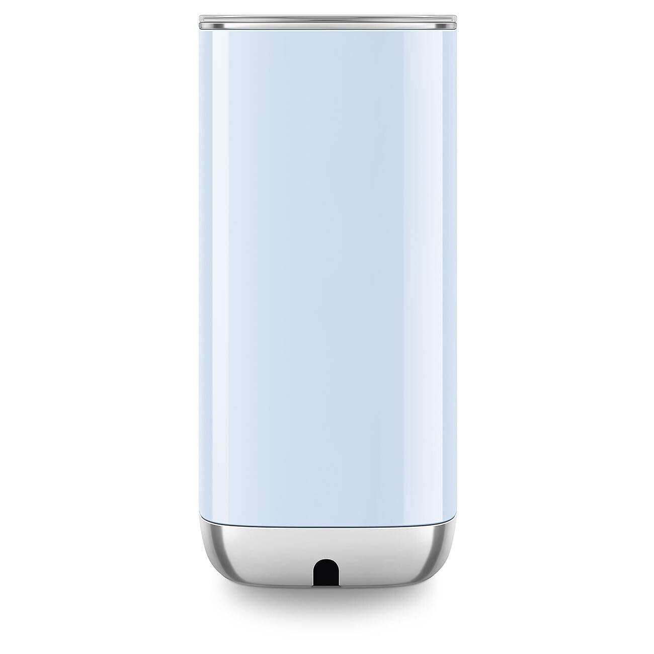 Back view of pastel blue SMEG milk frother with lid displayed on a white background