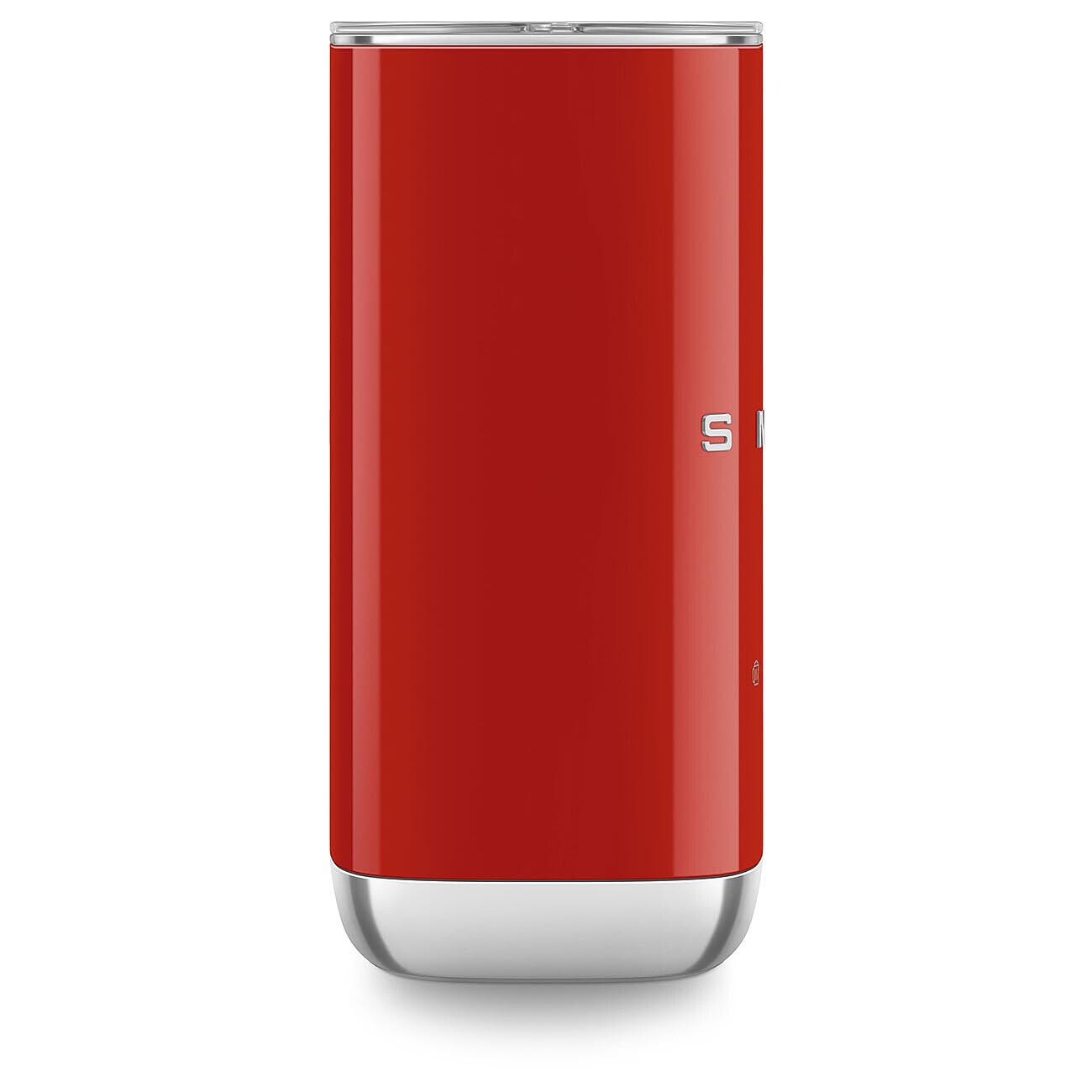 Side view of red SMEG milk frother with lid displayed on a white background