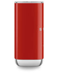Side view of red SMEG milk frother with lid displayed on a white background