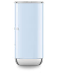 Side view of pastel blue SMEG milk frother with lid displayed on a white background