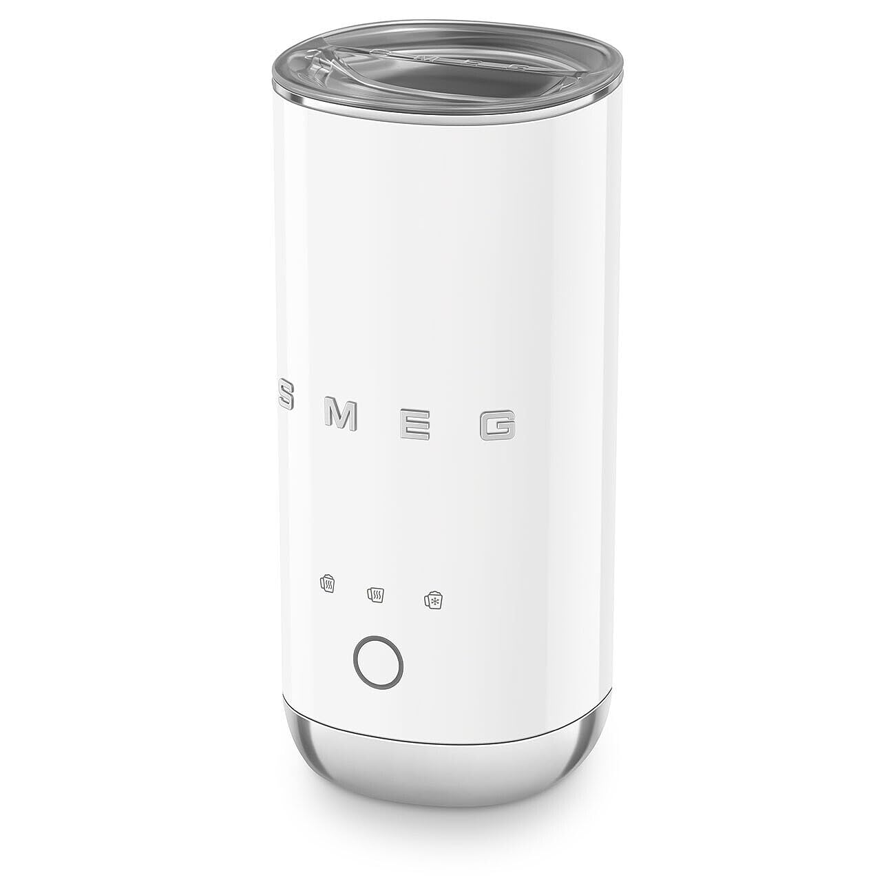 White SMEG milk frother with lid displayed on a white background