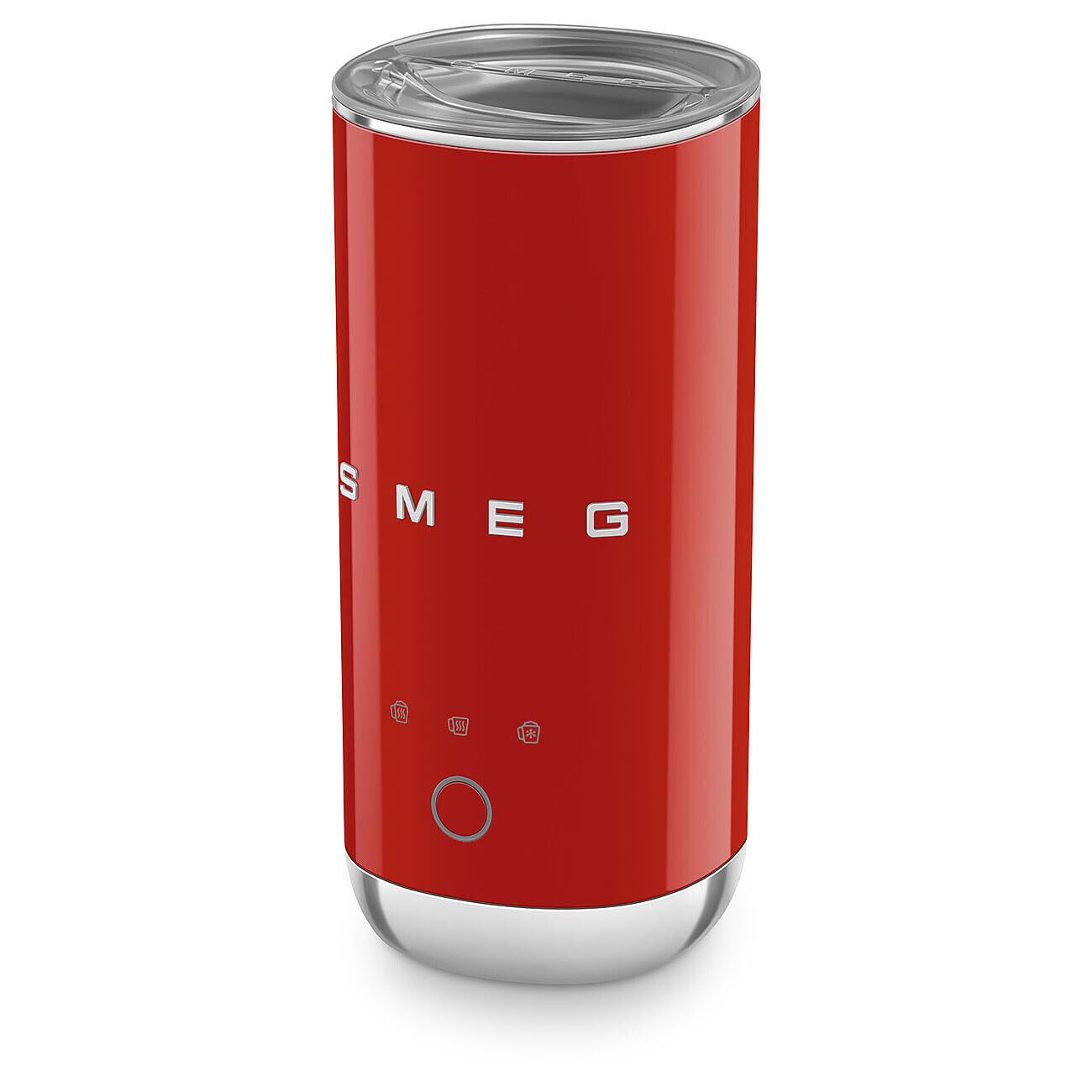 Red SMEG milk frother with lid displayed on a white background
