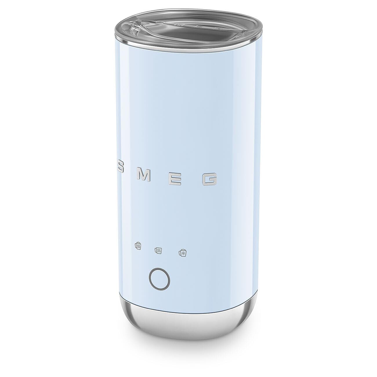 Pastel blue SMEG milk frother with lid displayed on a white background