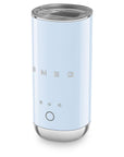 Pastel blue SMEG milk frother with lid displayed on a white background