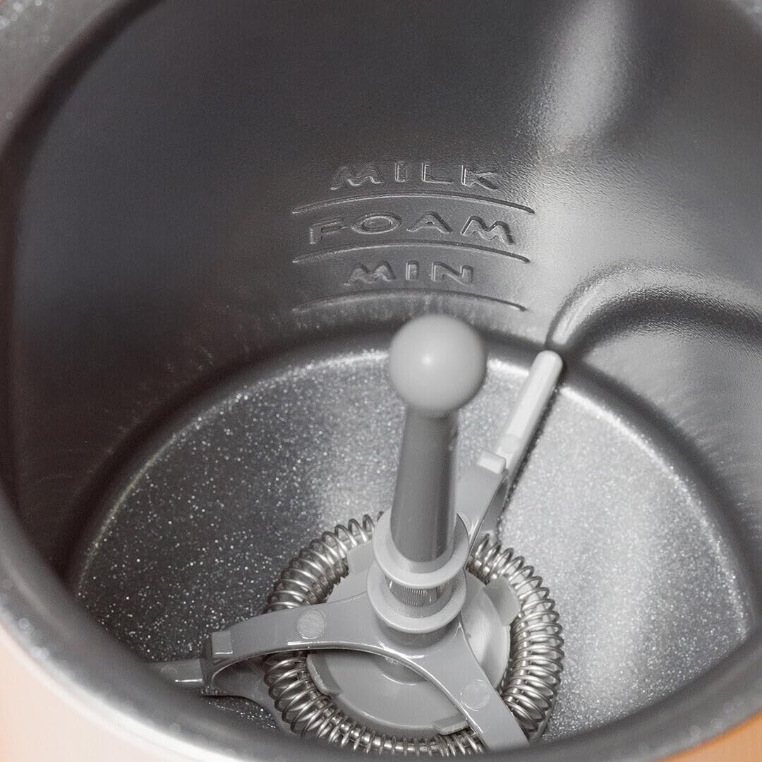 Close-up of the inside of a milk frother with 'Milk Foam Min' text on the side.