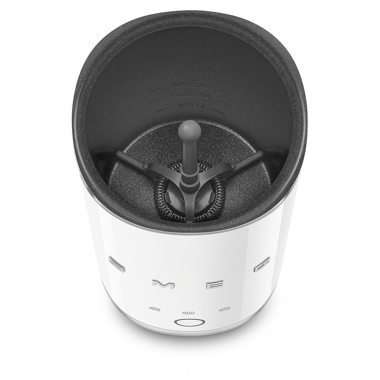 Top view of white SMEG milk frother displayed on a white background