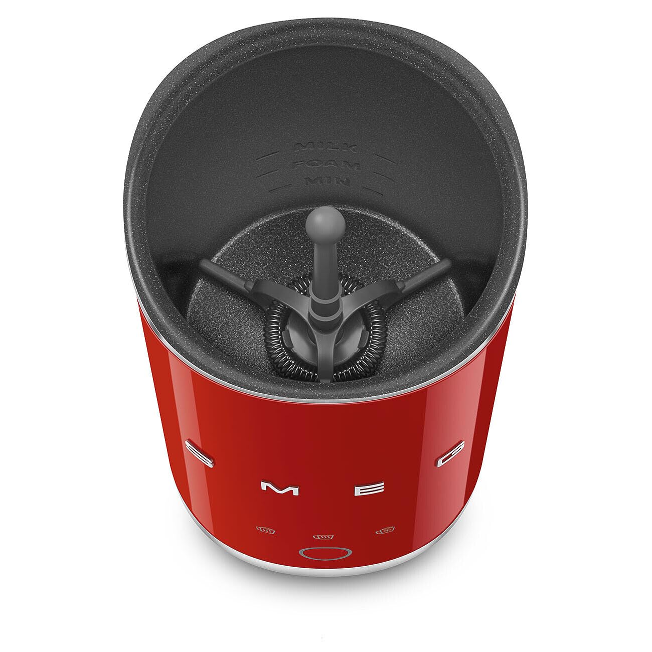 Top view of red SMEG milk frother displayed on a white background