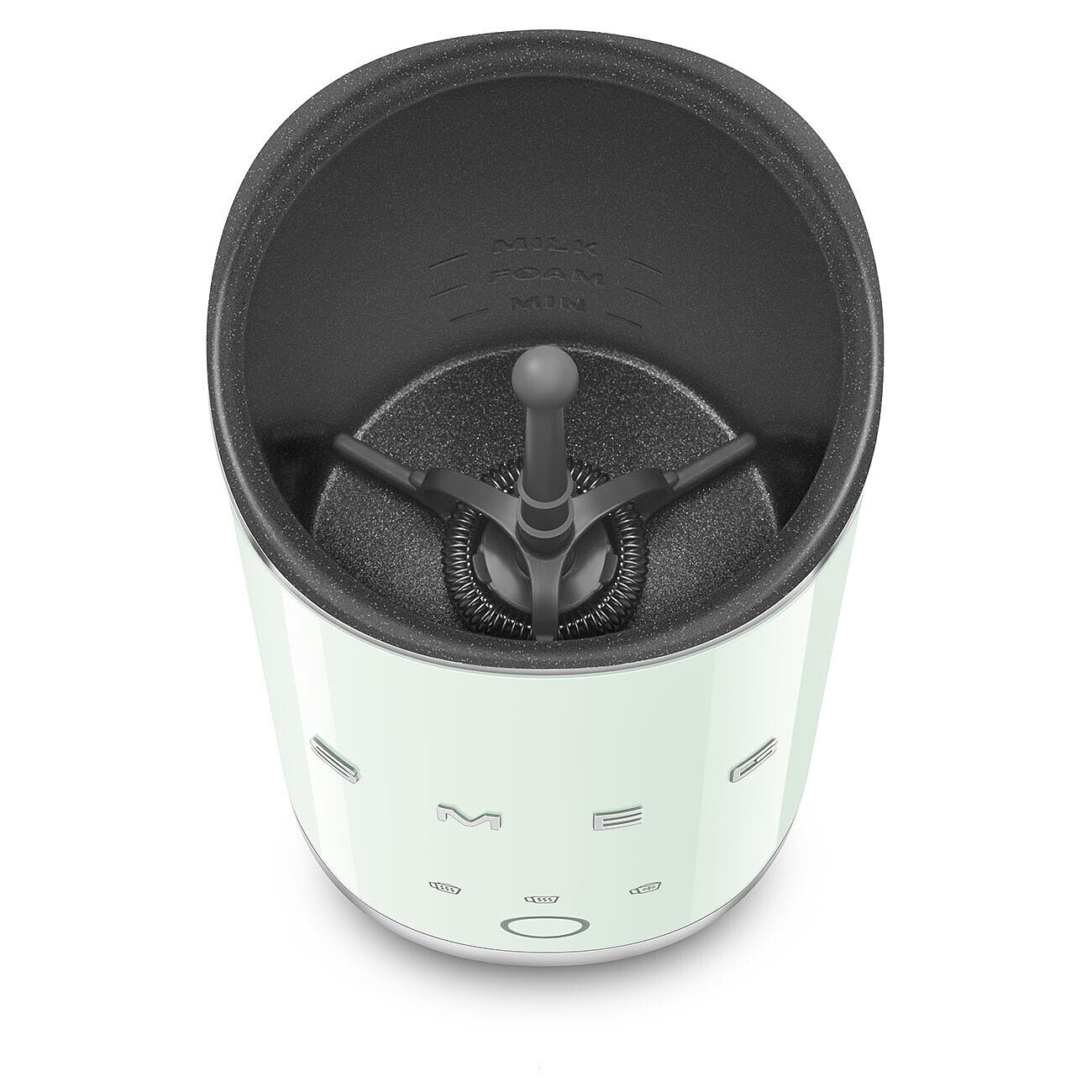 Top view of pastel green SMEG milk frother displayed on a white background