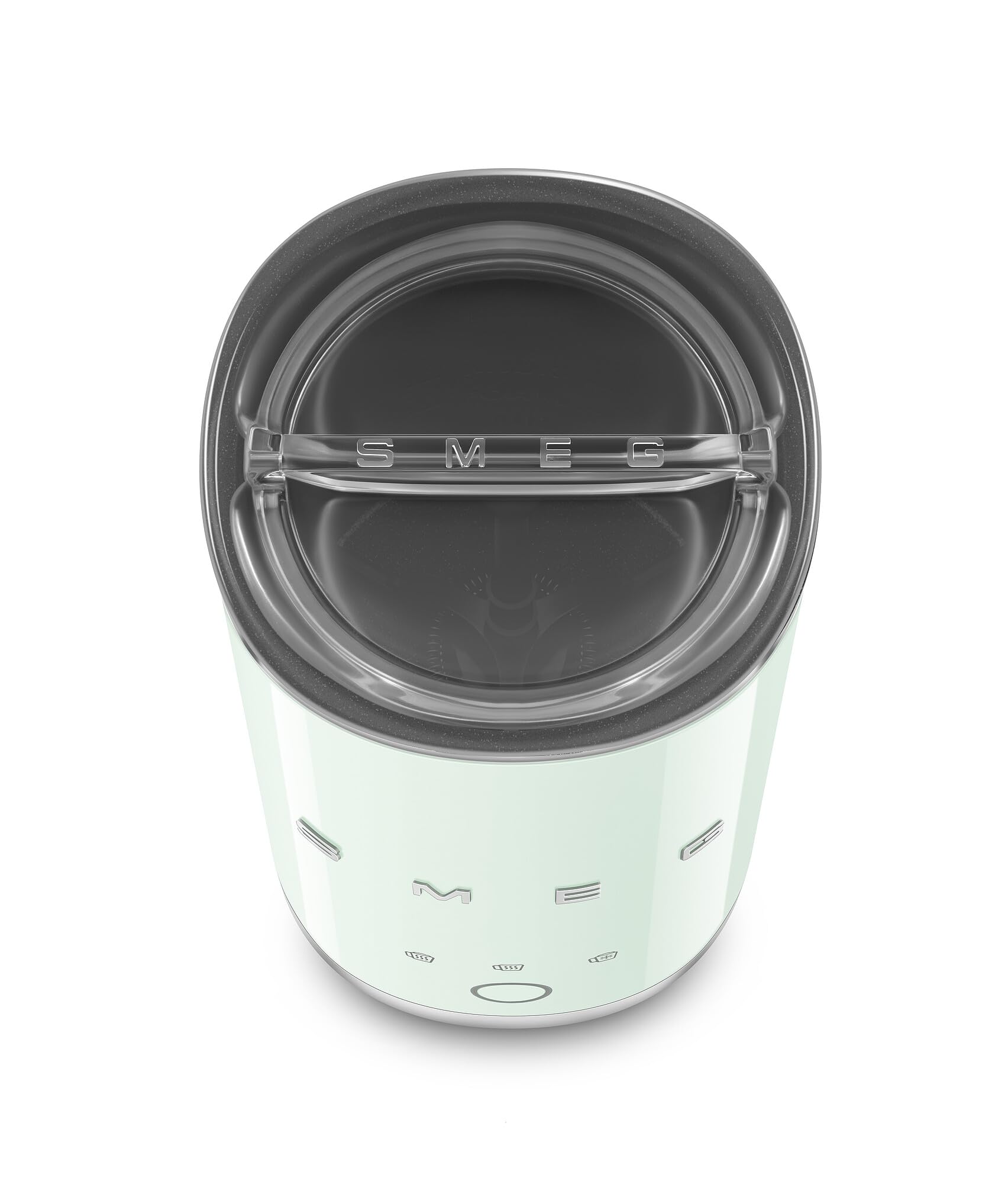 Top view of pastel green SMEG milk frother with lid displayed on a white background