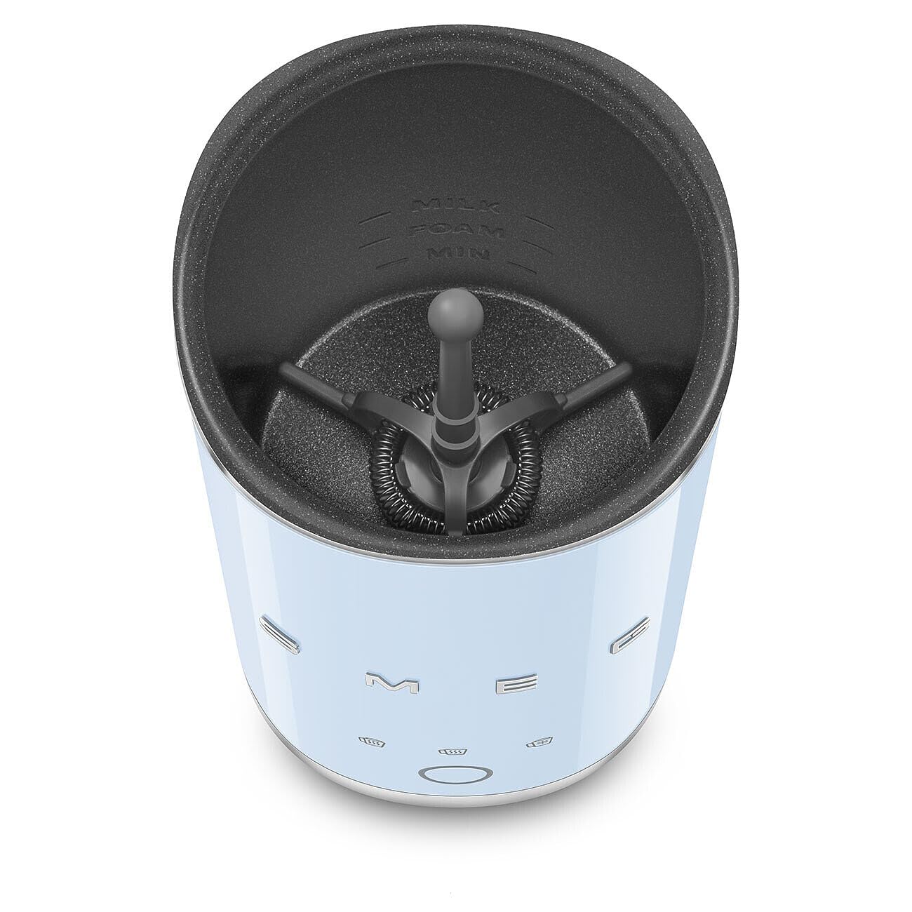 Top view of pastel blue SMEG milk frother displayed on a white background