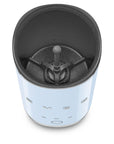 Top view of pastel blue SMEG milk frother displayed on a white background