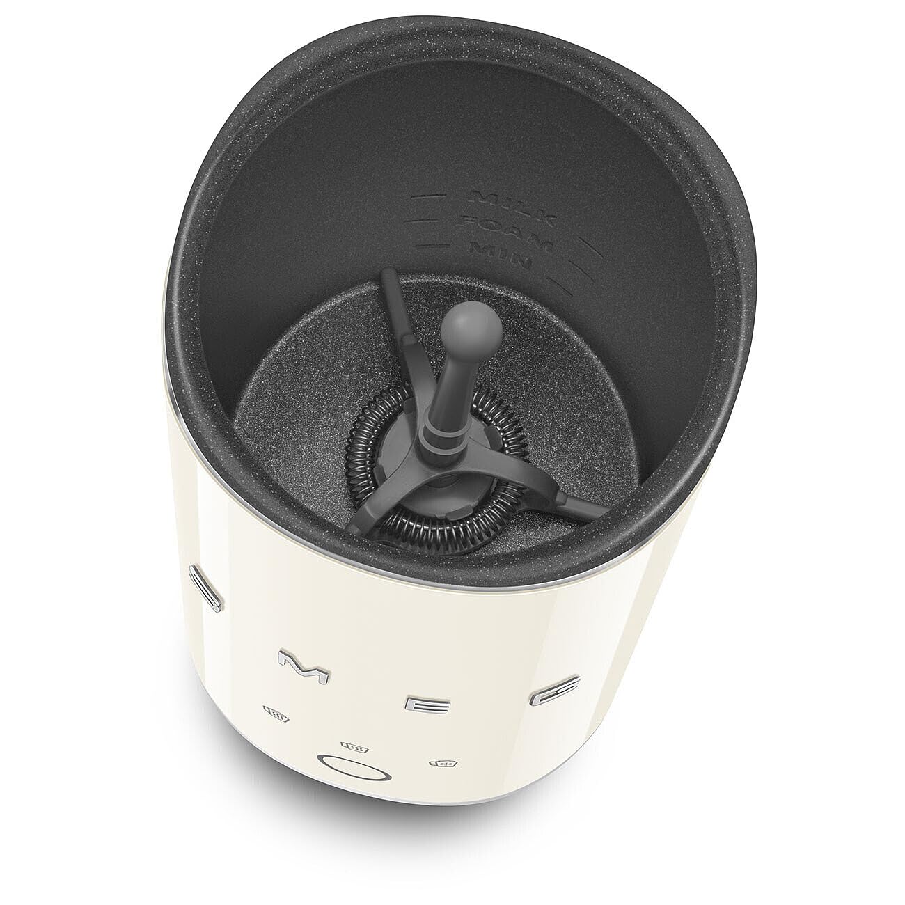 Top view of cream SMEG milk frother displayed on a white background