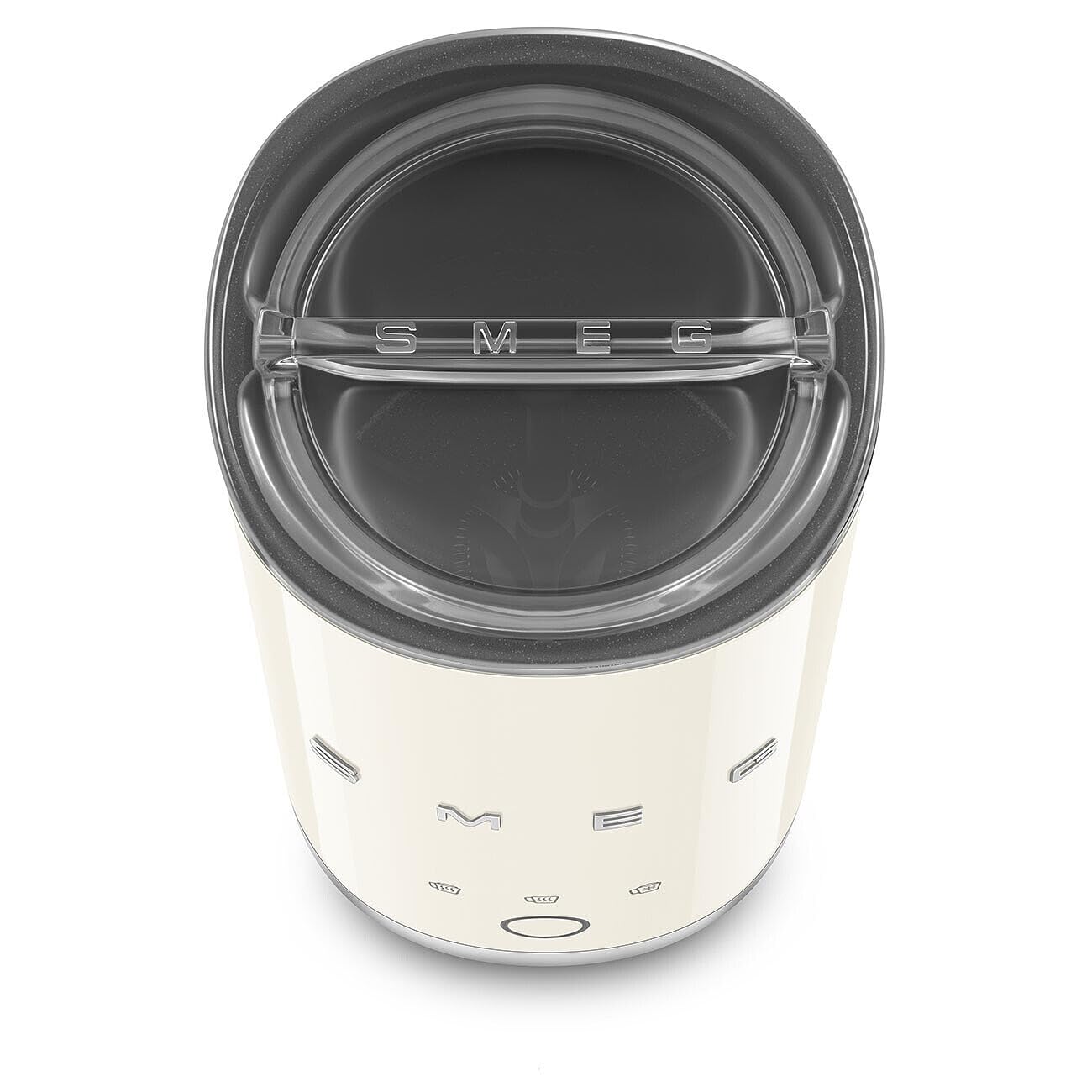 Top view of cream SMEG milk frother with lid displayed on a white background
