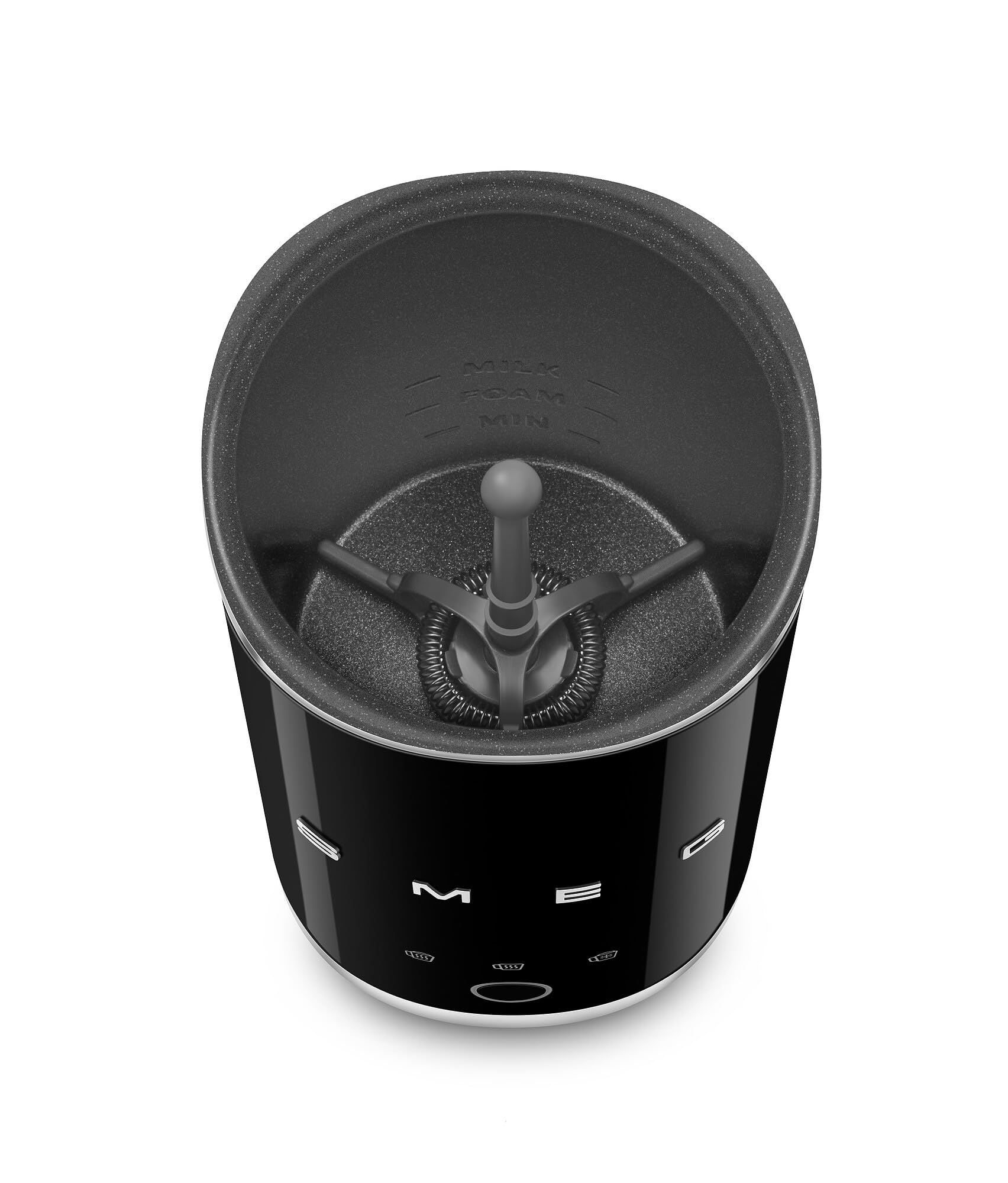 Top view of black SMEG milk frother displayed on a white background