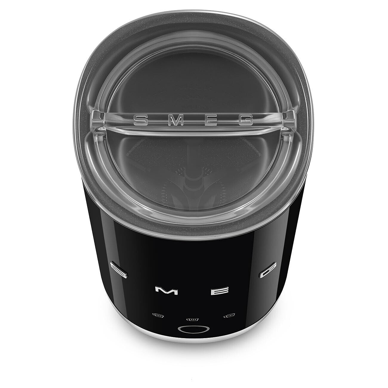 Top view of black SMEG milk frother with lid displayed on a white background
