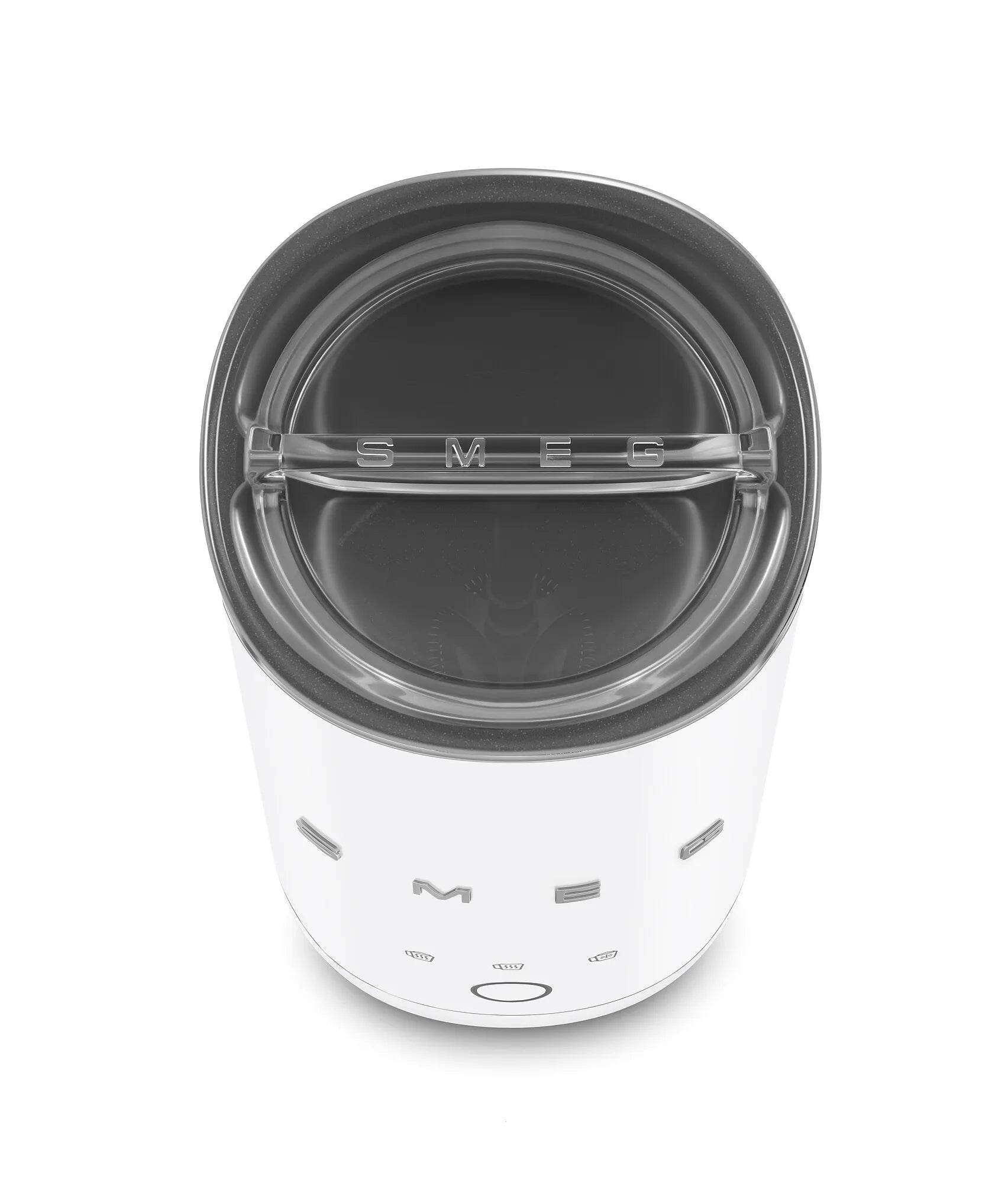 White SMEG milk frother shown from a top-down angle on a white background.