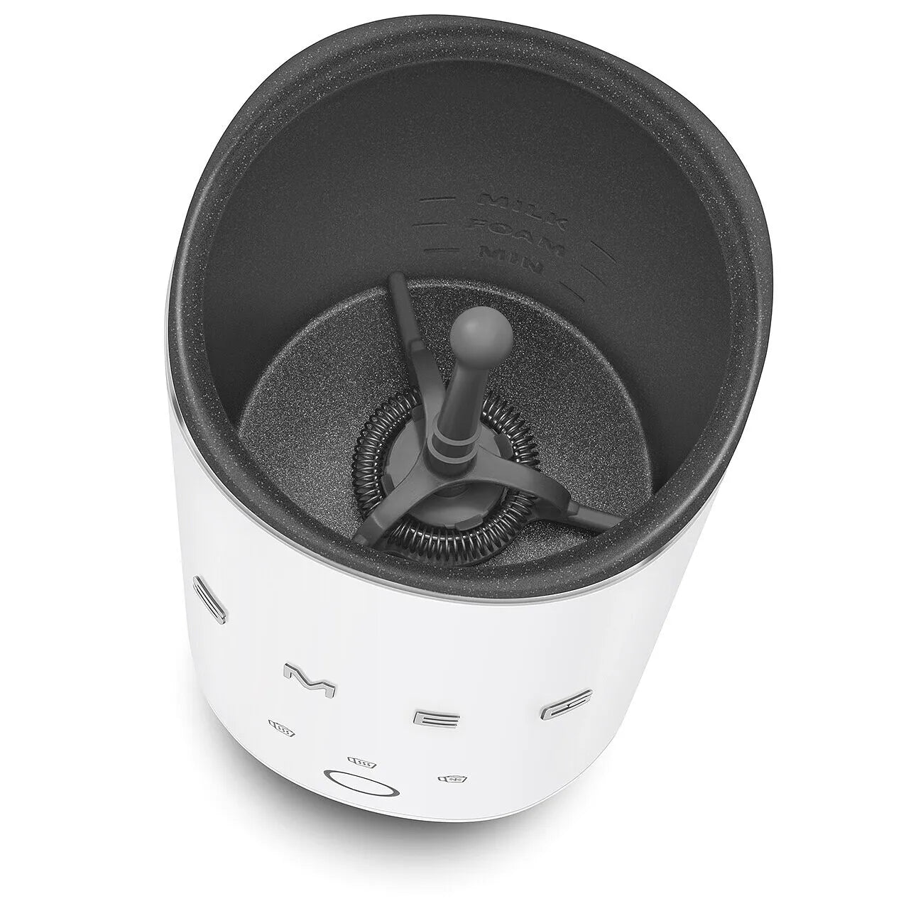 White milk frother with black interior on a white background