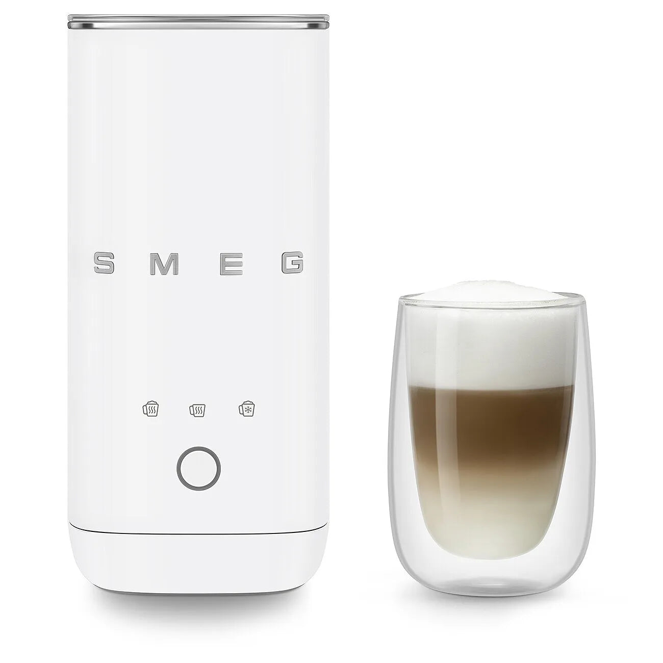 White milk frother with a glass of layered coffee on a white background