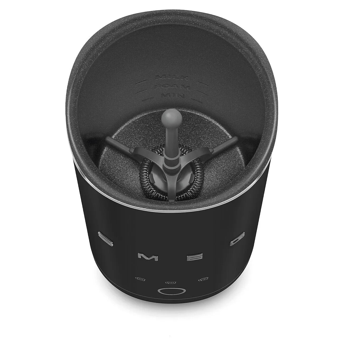 A black milk frother, shown from a top-down perspective on a white background.