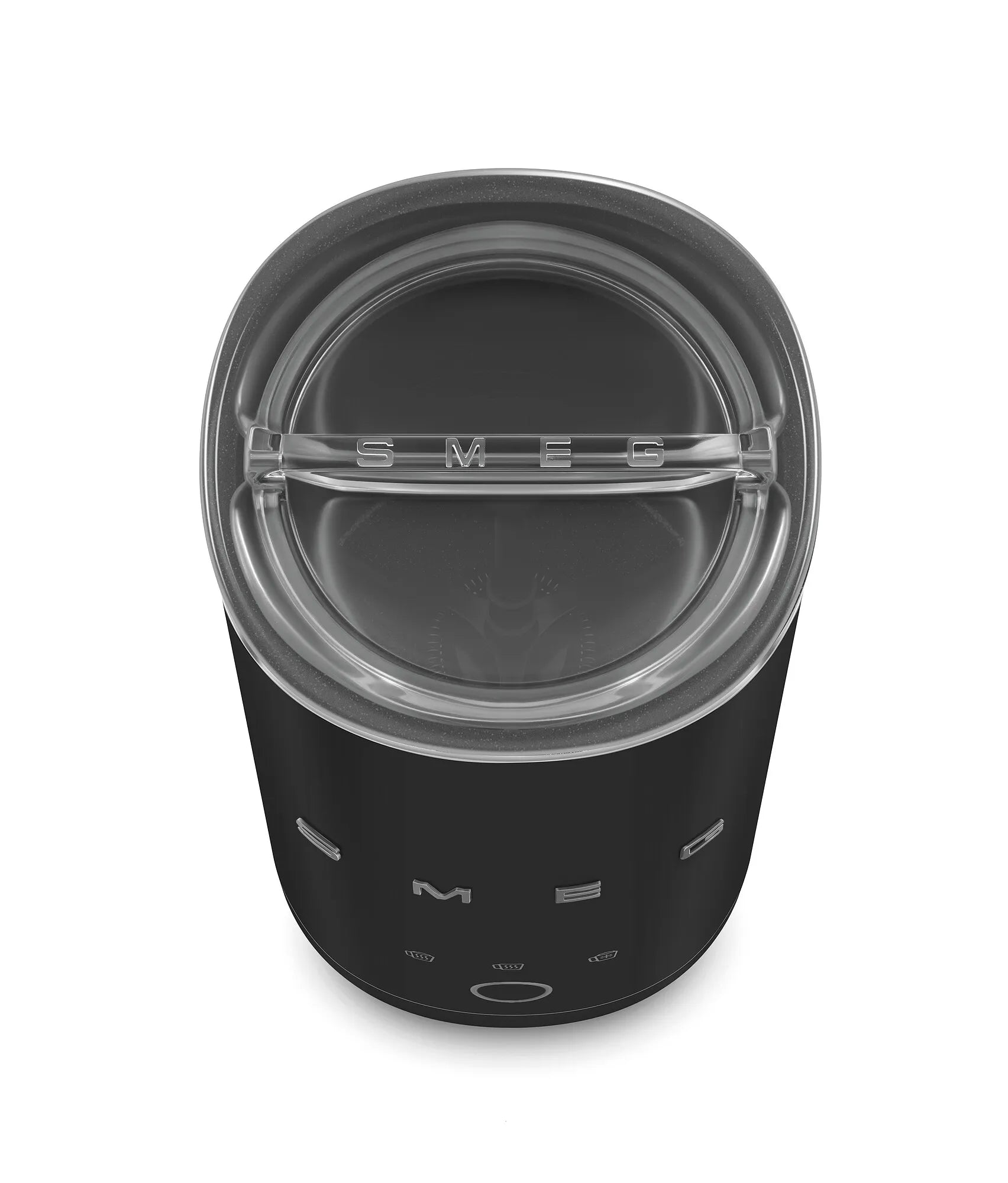 A top-down view of a black SMEG milk frother with a clear plastic lid, showing the brand name 'SMEG' on the lid and front.