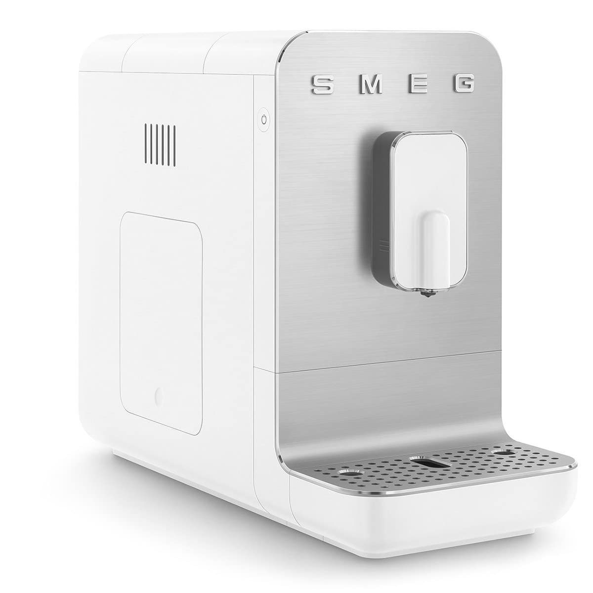 White and silver coffee machine with &#39;SMEG&#39; branding on a white background