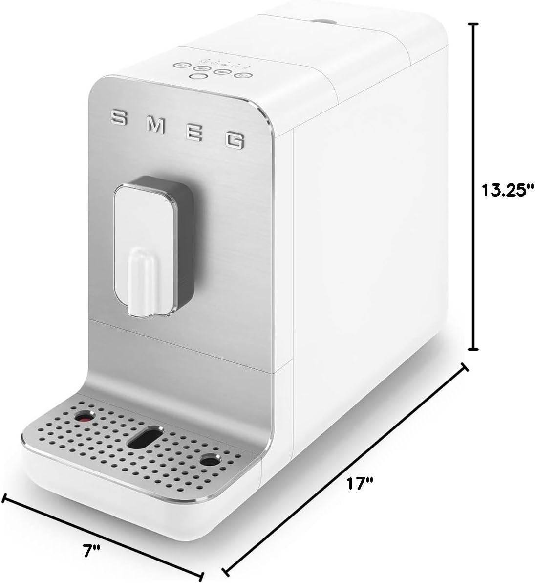 White coffee machine with dimensions labeled on a white background