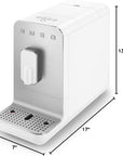 White coffee machine with dimensions labeled on a white background