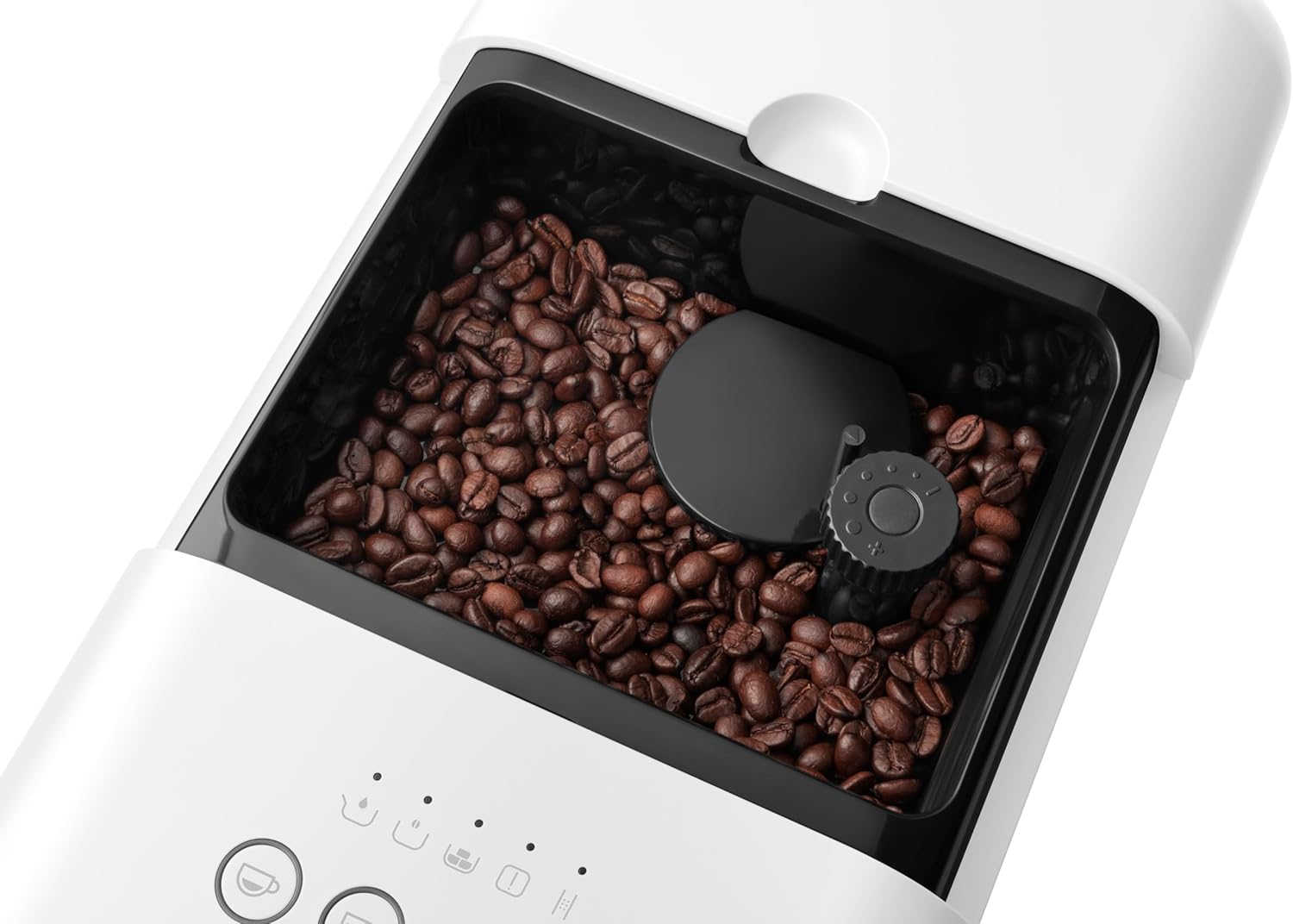 Coffee machine with a coffee grinder with coffee beans inside on a white background