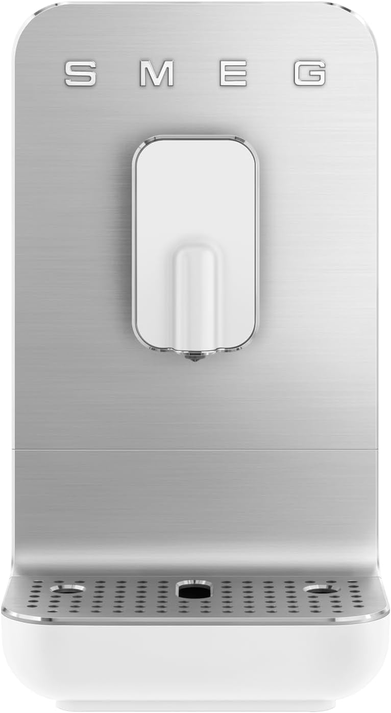Front view of white Smeg coffee maker displayed on a white background