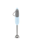 Back view of pastel blue Smeg immersion blender displayed on a white background