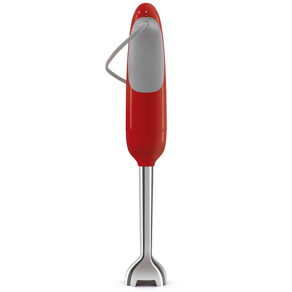 Back view of red Smeg hand blender with attachments displayed on a white background