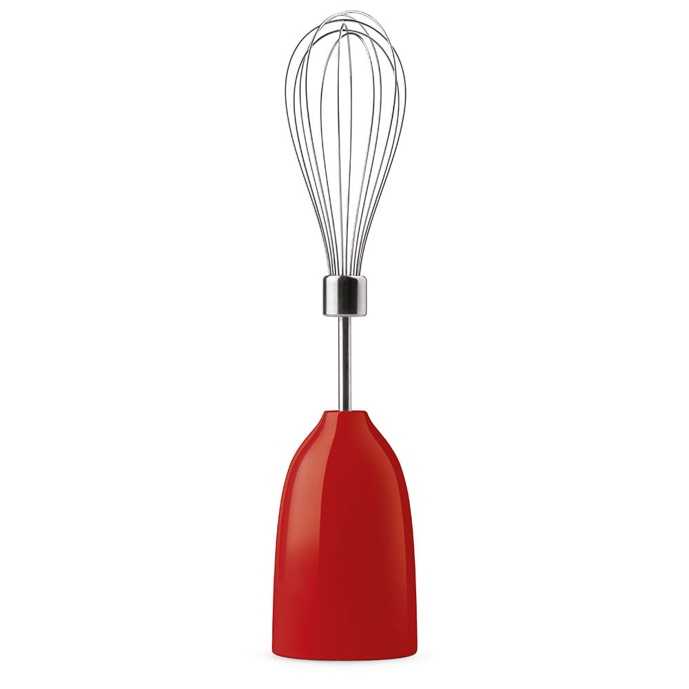 Red whisk with a silver handle on a white background