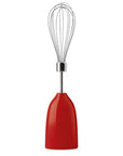 Red whisk with a silver handle on a white background