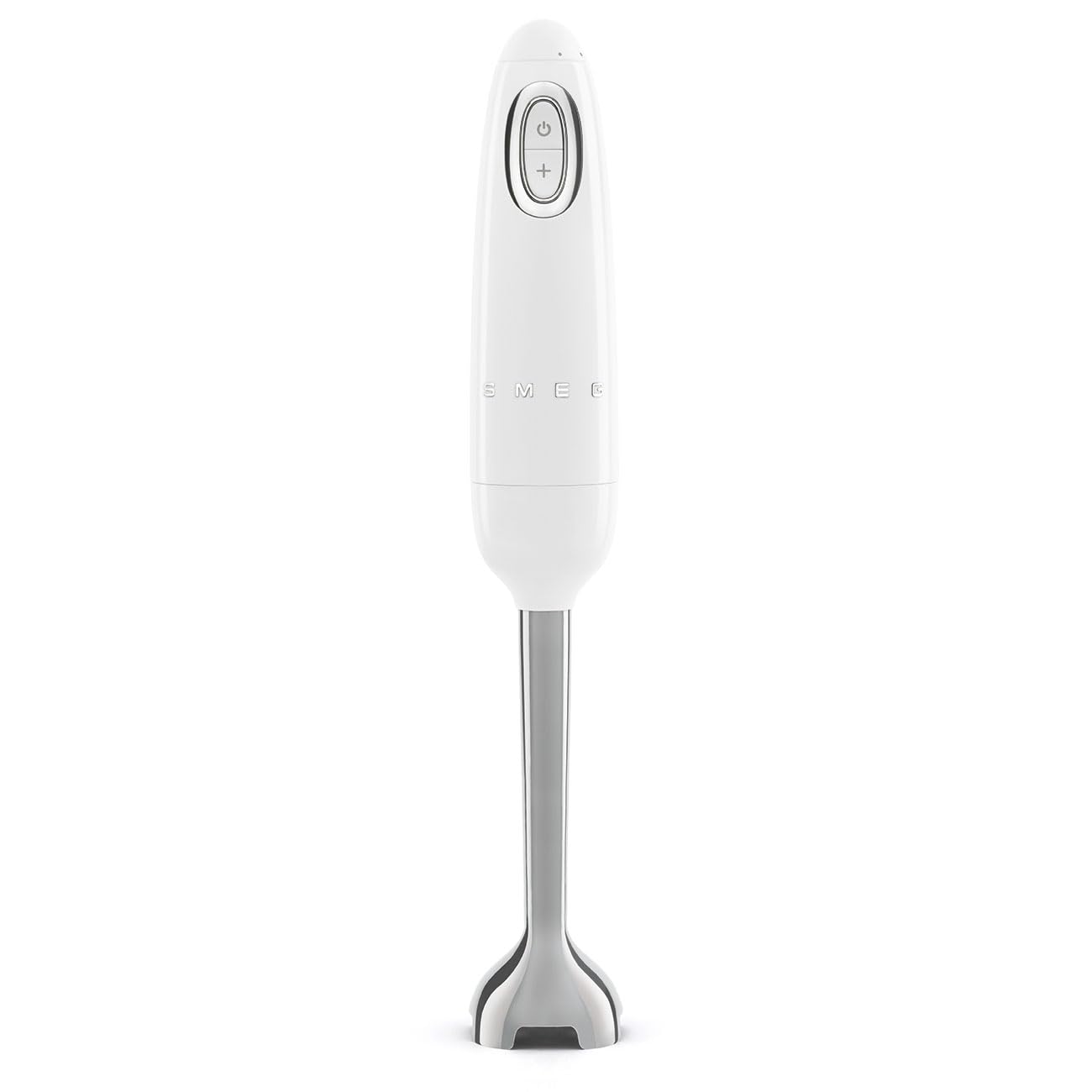 Front view of white Smeg handheld immersion blender displayed on a white background