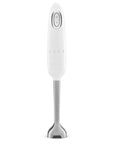 Front view of white Smeg handheld immersion blender displayed on a white background