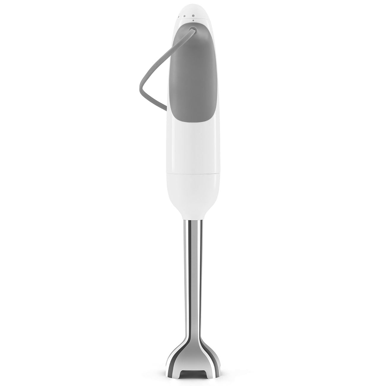 Back view of white Smeg handheld immersion blender displayed on a white background