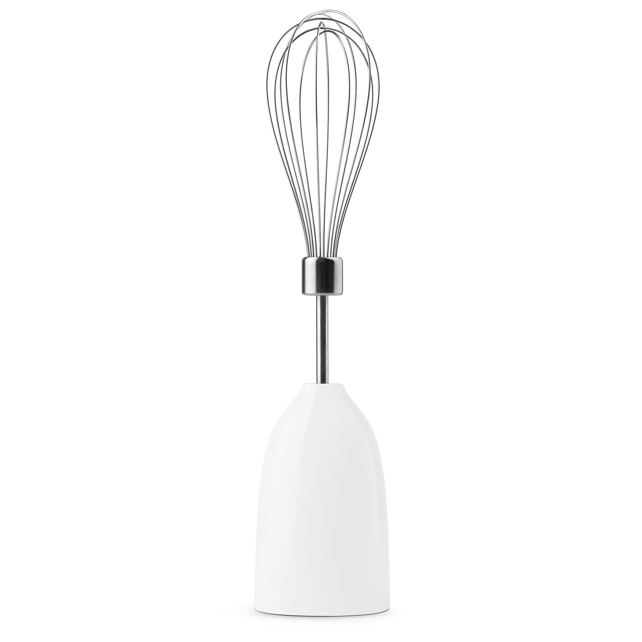 White hand mixer with a whisk attachment on a white background