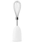 White hand mixer with a whisk attachment on a white background