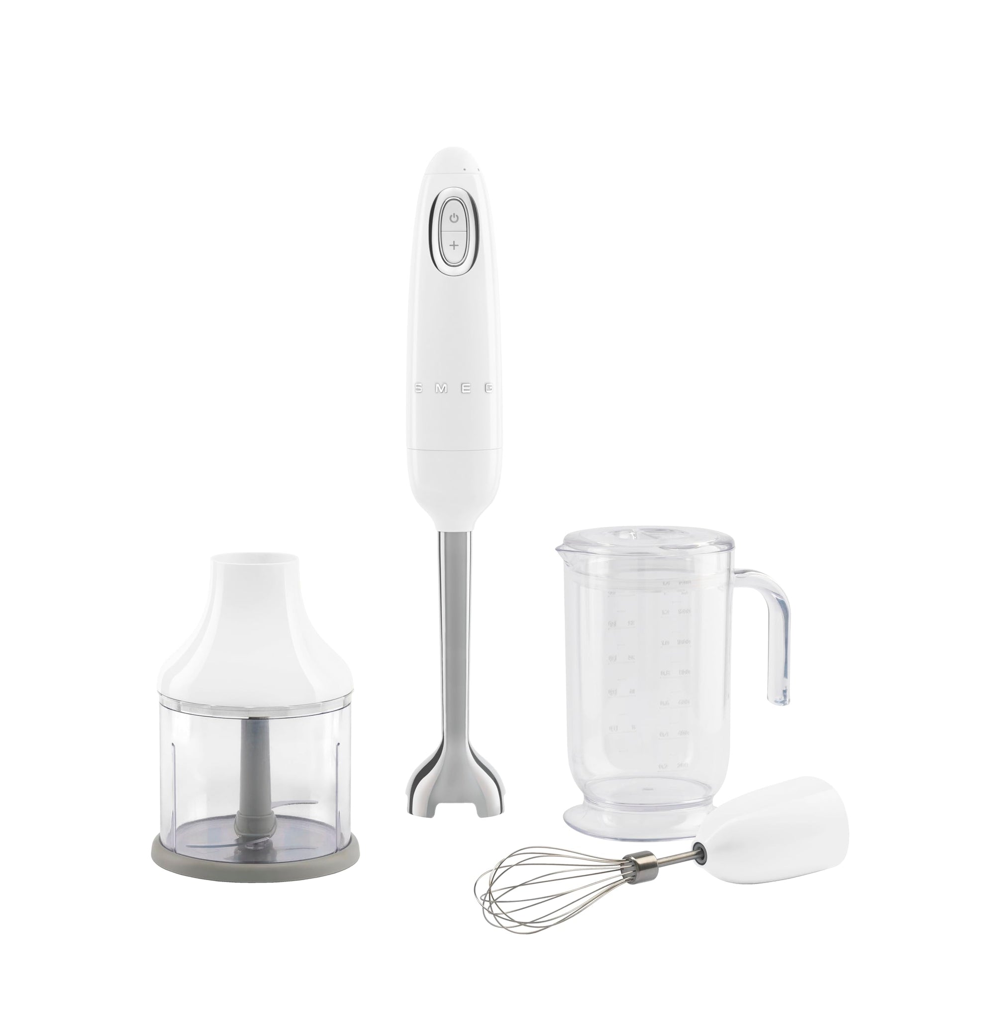White Smeg handheld immersion blender with attachments displayed on a white background