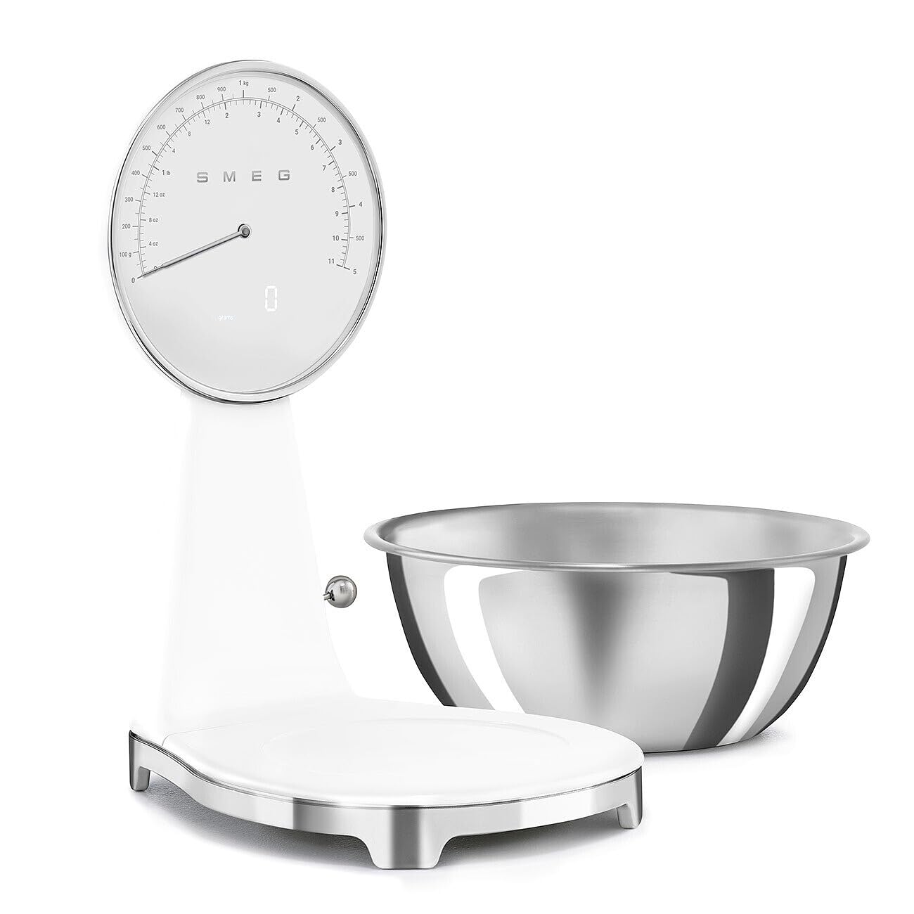 White Smeg kitchen digital scale with a metal bowl on the side displayed on a white background