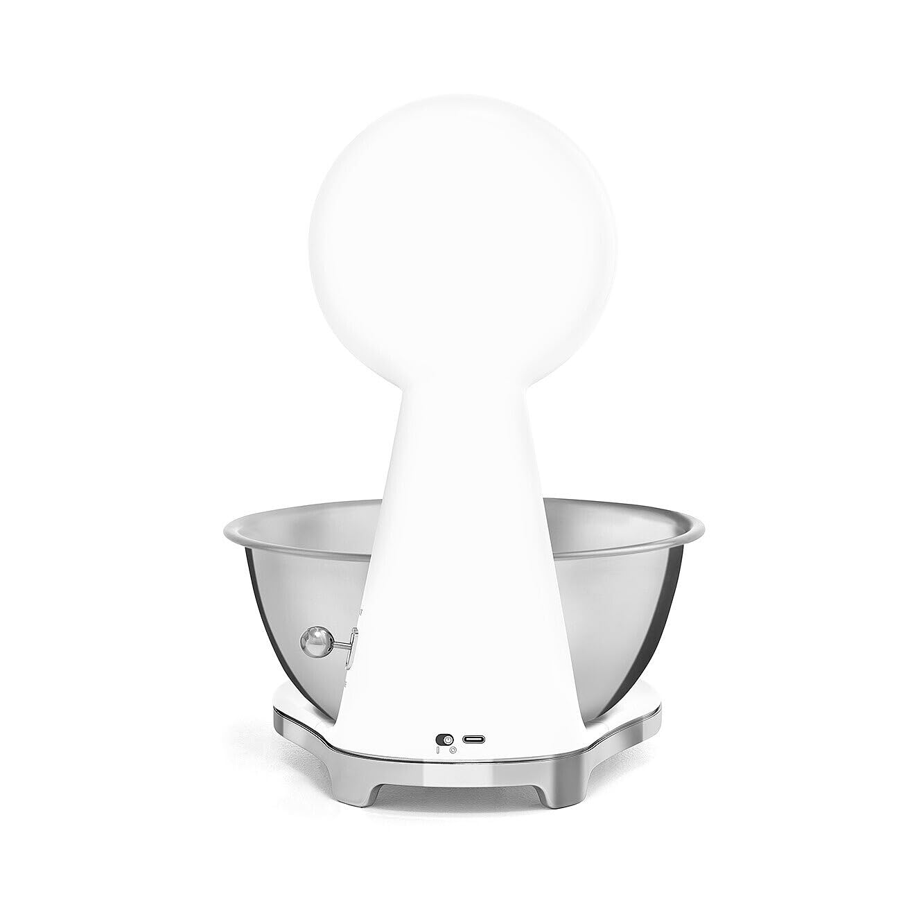 Back side view of white Smeg digital scale with a silver bowl displayed on a white background