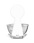 Back side view of white Smeg digital scale with a silver bowl displayed on a white background