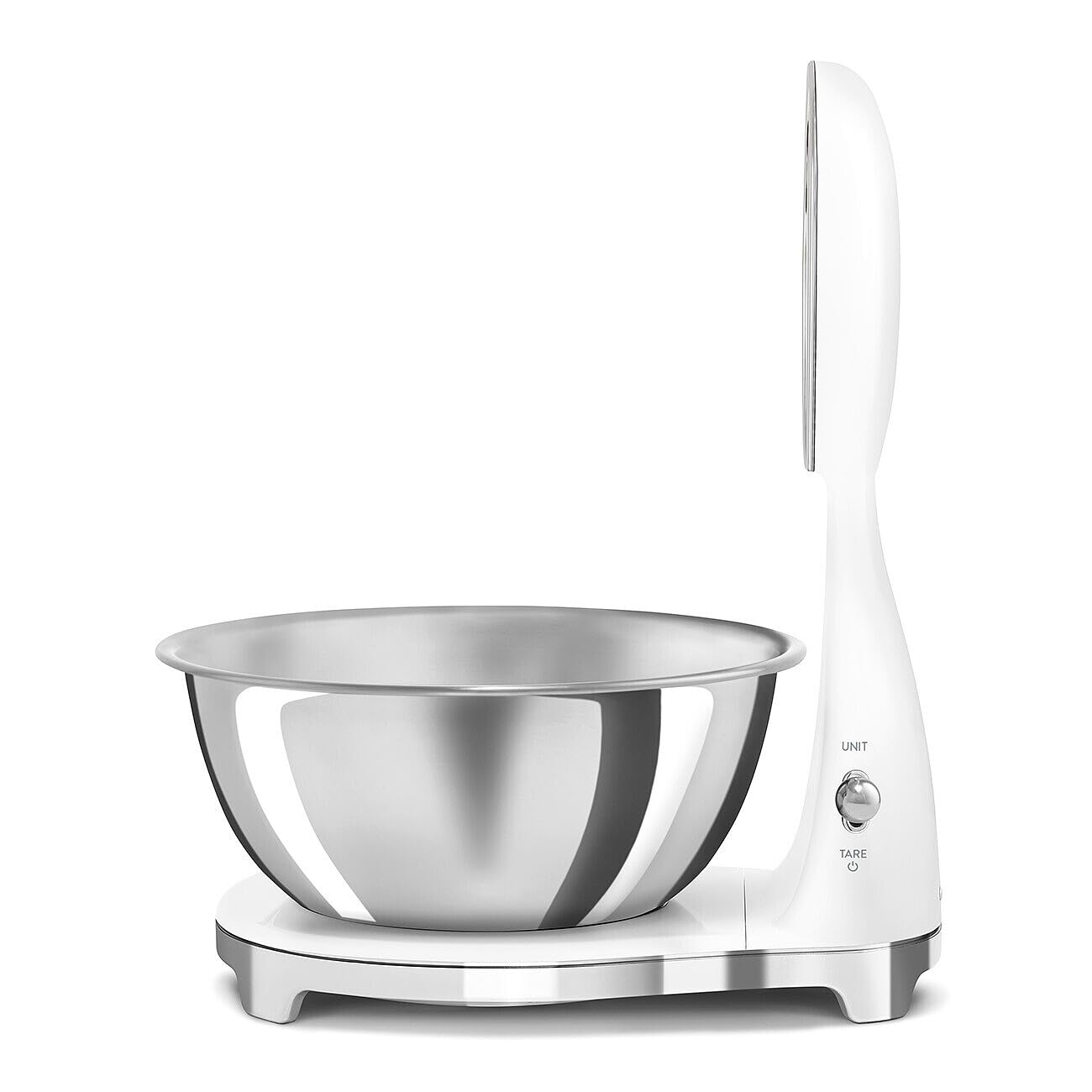 Side view of white Smeg digital scale with a silver bowl and a switch displayed on a white background